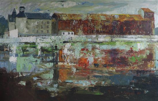 Kenneth Frewin, oil on board, Harbour Buildings, Newburgh signed and dated 67, 60 x 90cm.